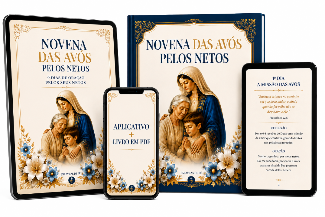 Mockup da Novena Digital em livro, tablet, celular e aplicativo